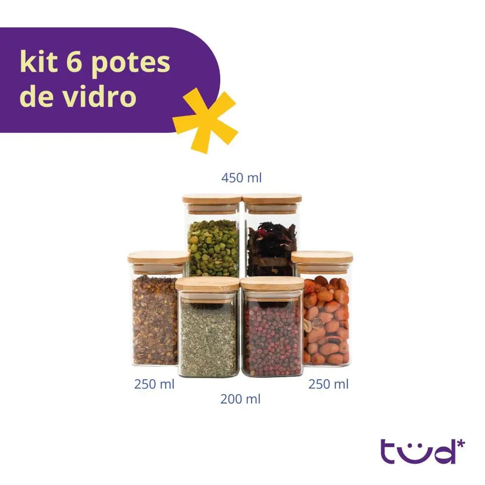 Kit de Potes de Vidro Herméticos com Tampa de Bambu (6 peças) - Feito Em Casa - Feito em Casa