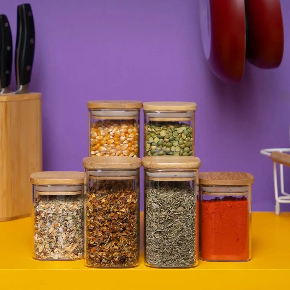 Kit de Potes de Vidro Herméticos com Tampa de Bambu (6 peças) - Feito Em Casa - Feito em Casa